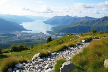 Kilátás a Sukkertoppen hegy tetejéről Ålesund városára és fjordokra