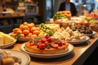 Különböző ételek, köztük barna sajt és friss zöldségek egy büféasztalon Oslo-ban.