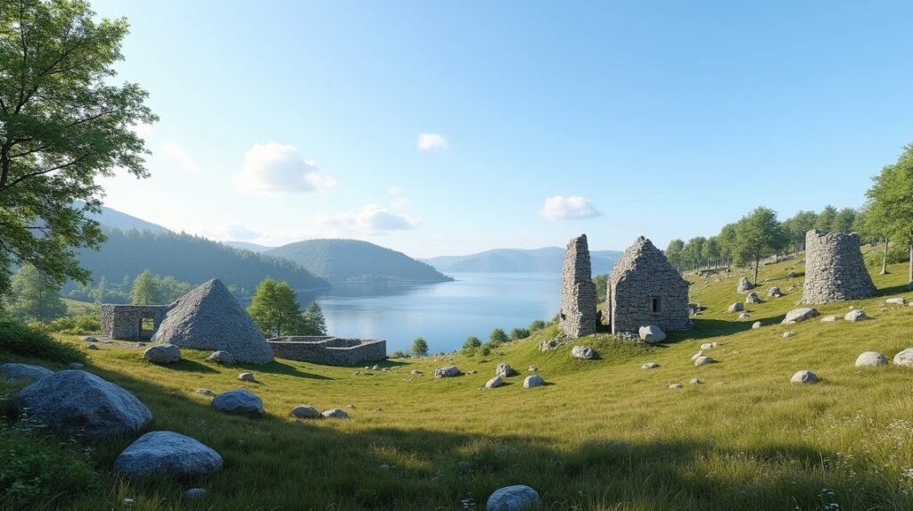 Borgundgavlen régészeti terület panorámás kilátással Ålesundra.