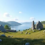 Borgundgavlen régészeti terület panorámás kilátással Ålesundra.