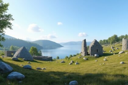 Borgundgavlen régészeti terület panorámás kilátással Ålesundra.