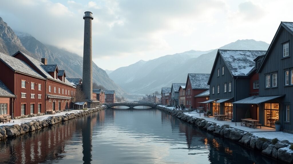 Panoráma a Devoldfabrikken régi gyárépületéről Ålesund városában.