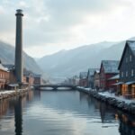 Panoráma a Devoldfabrikken régi gyárépületéről Ålesund városában.