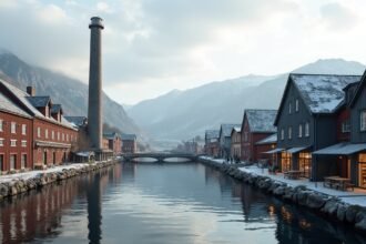 Panoráma a Devoldfabrikken régi gyárépületéről Ålesund városában.