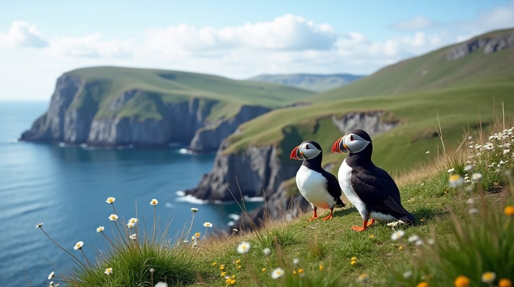 Lundák a Runde-sziget szikláiról nézve, gyönyörű tengerparttal