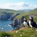 Lundák a Runde-sziget szikláiról nézve, gyönyörű tengerparttal