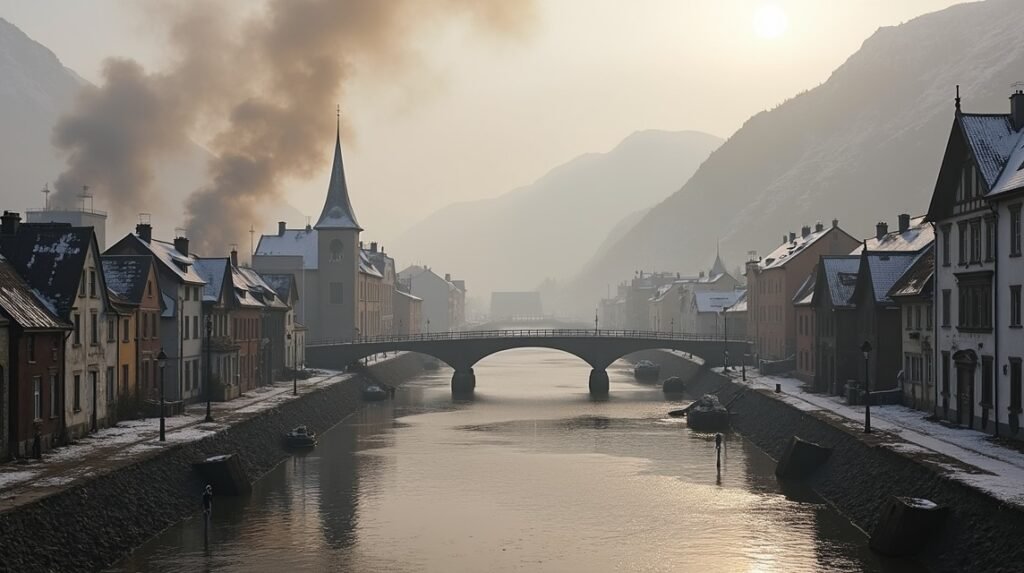 A folyó partján álló város, a háttérben füsttel és ködben.