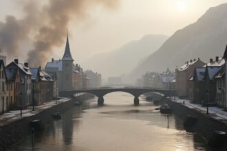 A folyó partján álló város, a háttérben füsttel és ködben.