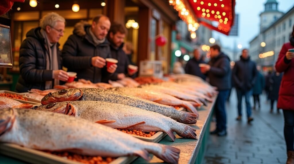 Friss tőkehal aÅlesund halpiacán, norvég gasztronómiai élmények.