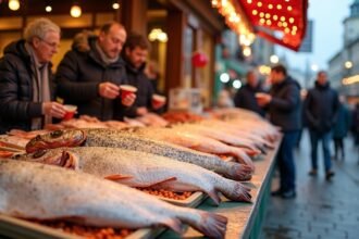 Friss tőkehal aÅlesund halpiacán, norvég gasztronómiai élmények.