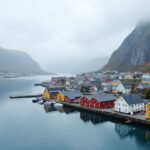 Áttekintés Ålesund festői városáról Norvégiában, felhős időjárás alatt.