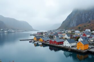 Áttekintés Ålesund festői városáról Norvégiában, felhős időjárás alatt.
