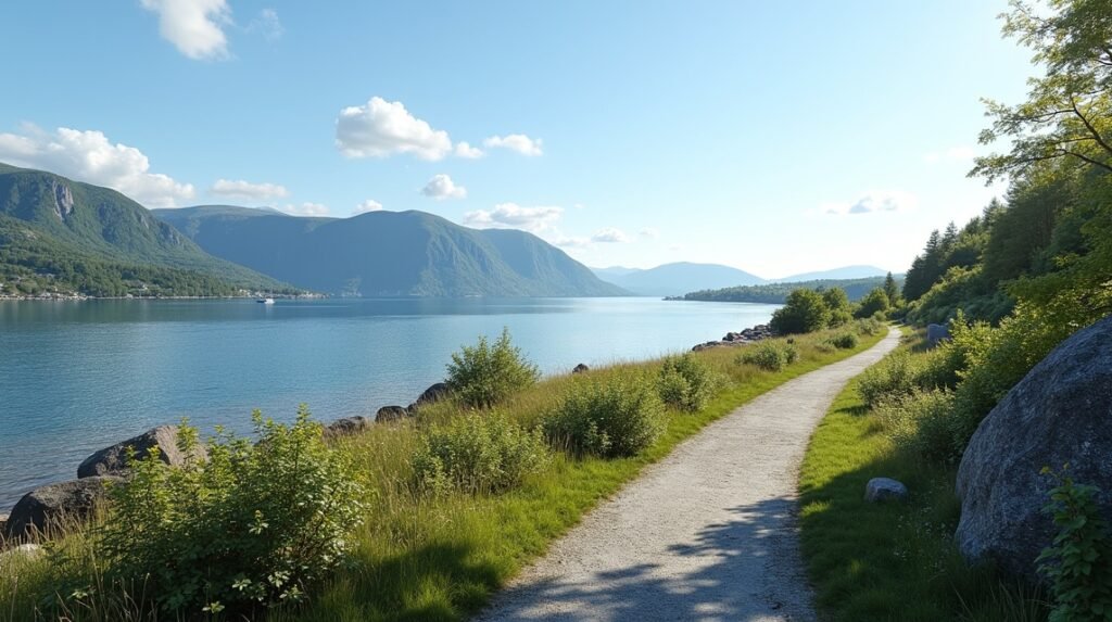 Séta a Gandsfjord partján Sandnesben Norvégiában