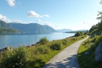 Séta a Gandsfjord partján Sandnesben Norvégiában