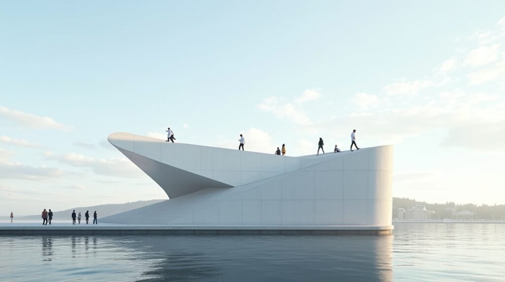 Oslói Operaház tetőn sétáló látogatók fjordra néző panorámával.