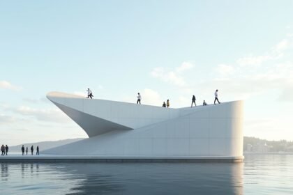 Oslói Operaház tetőn sétáló látogatók fjordra néző panorámával.