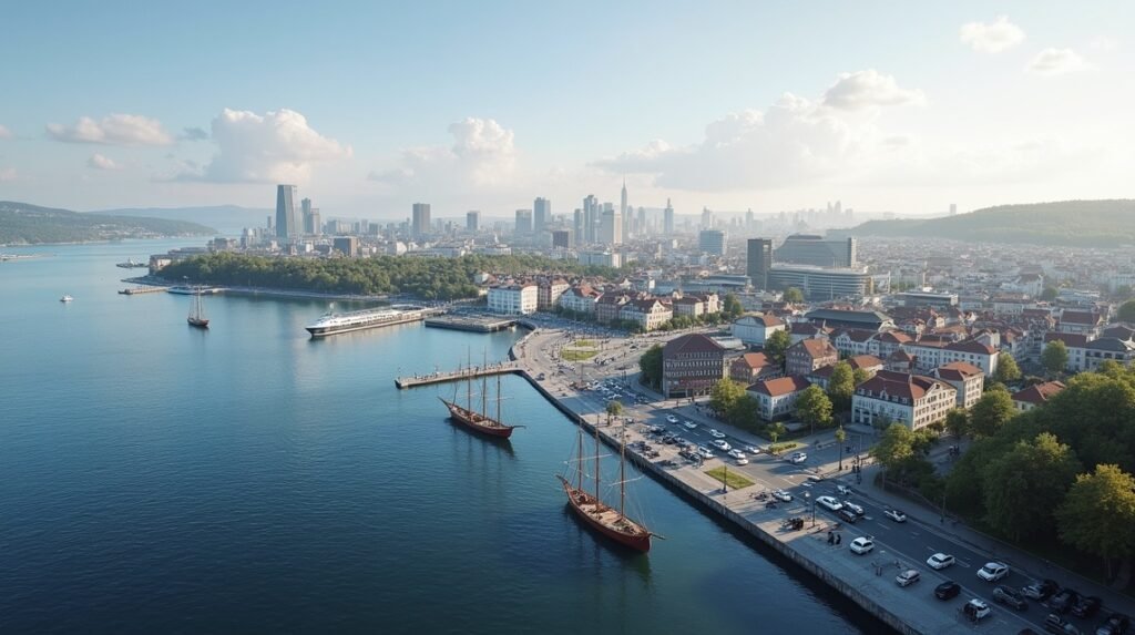 Oslo város panoráma a fjord mellett viking hajókkal és modern épületekkel