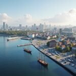 Oslo város panoráma a fjord mellett viking hajókkal és modern épületekkel