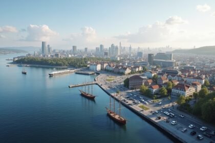 Oslo város panoráma a fjord mellett viking hajókkal és modern épületekkel