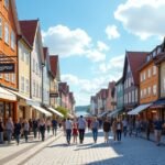 Langgata sétálóutca Sandnesben, élénk kávézókkal és butikokkal.