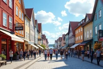 Langgata sétálóutca Sandnesben, élénk kávézókkal és butikokkal.