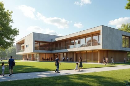 A Sandnes Múzeum modern épülete zöld környezetben.
