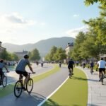 Kerékpárosok Sandnes városában kerékpáros úton.