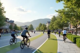 Kerékpárosok Sandnes városában kerékpáros úton.