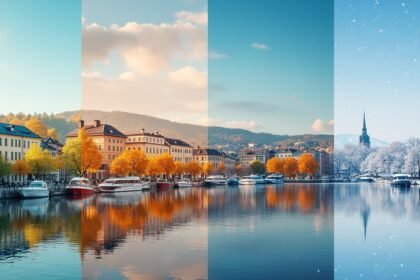 Oslo különböző évszakai: nyár, ősz, tavasz és tél a városban.