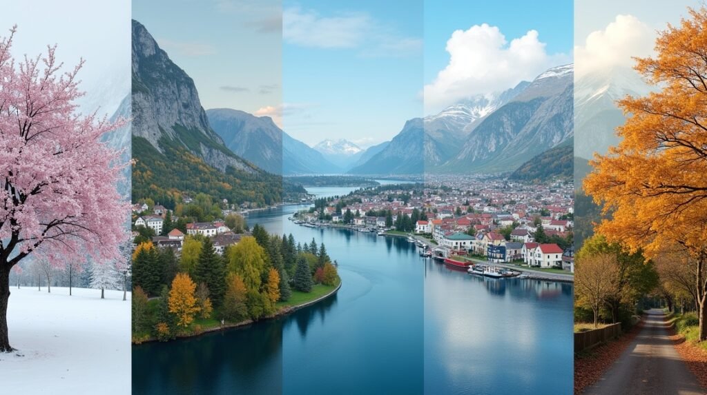 Évszakok Sandnesban: virágzó tavasz, nyári hegyek, őszi színek