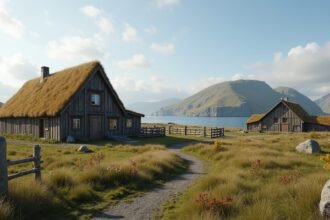 Rekonstrukciók az Avaldsnes Viking Farm környezetében Norvégiában.