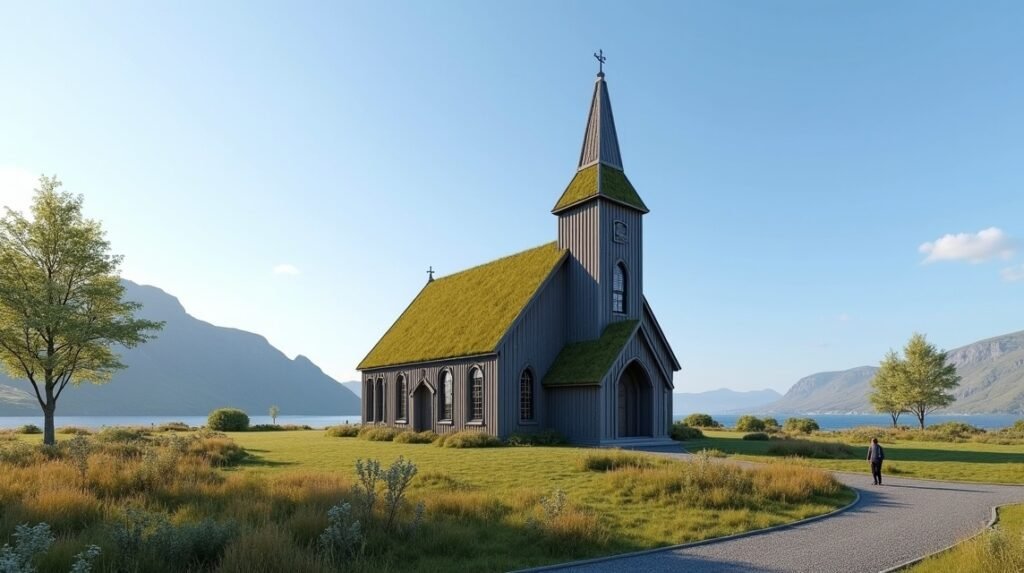 Szent Olaf templom Avaldsnesben, zöld tetős épület gyönyörű tájban.