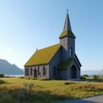 Szent Olaf templom Avaldsnesben, zöld tetős épület gyönyörű tájban.