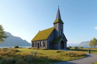 Szent Olaf templom Avaldsnesben, zöld tetős épület gyönyörű tájban.