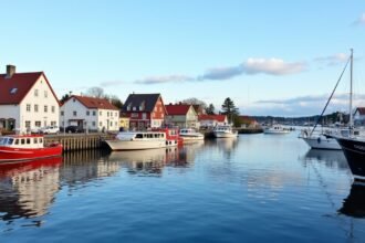 Színes házak és hajók a Haugesund Smedasundet szoros mellett