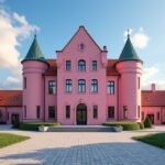 Haugesund rózsaszín Városháza tengerparti háttérrel