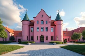 Haugesund rózsaszín Városháza tengerparti háttérrel