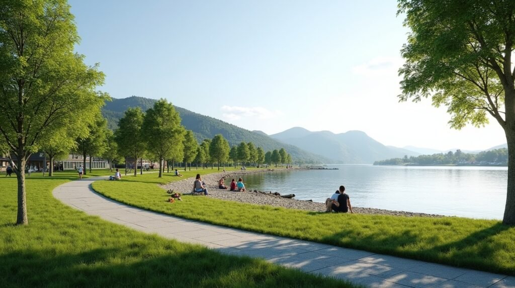 Djupadalen park a tengernél, zöld fák és sétány látványával Haugesundban