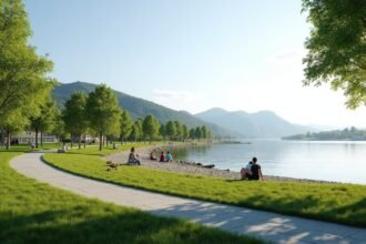 Djupadalen park a tengernél, zöld fák és sétány látványával Haugesundban