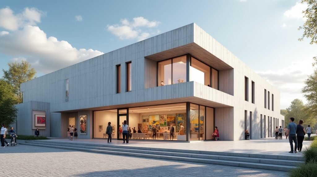 A Haugesund Képtár modern épülete és látogatói a tengerpart közelében.