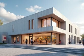 A Haugesund Képtár modern épülete és látogatói a tengerpart közelében.