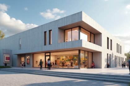 A Haugesund Képtár modern épülete és látogatói a tengerpart közelében.
