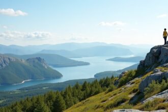 Kilátás a Steinsfjellet kilátóról Haugesund környékén, Norvégiában.