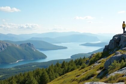 Kilátás a Steinsfjellet kilátóról Haugesund környékén, Norvégiában.