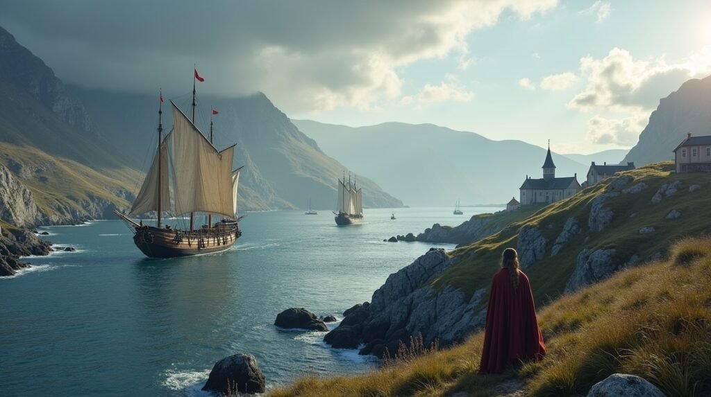 Hajók a Haugesund öbölben, viking történelmi háttérrel