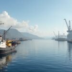 A hajó és az olajfúró tornyok a Haugesund kikötőjében, Norvégiában.