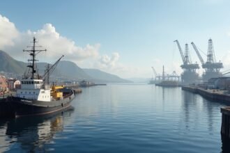 A hajó és az olajfúró tornyok a Haugesund kikötőjében, Norvégiában.