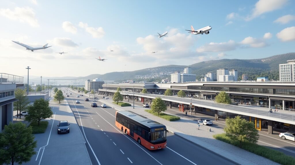 Haugesund városi közlekedés, busz és repülőgépek a háttérben.