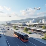 Haugesund városi közlekedés, busz és repülőgépek a háttérben.