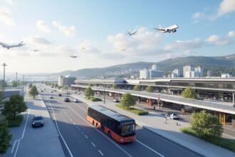 Haugesund városi közlekedés, busz és repülőgépek a háttérben.